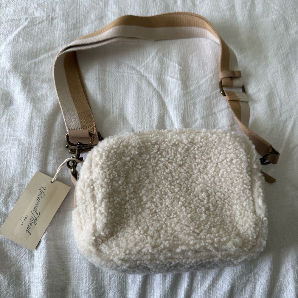 Universal Thread Cream Sherpa Crossbody with Beige Striped Strap